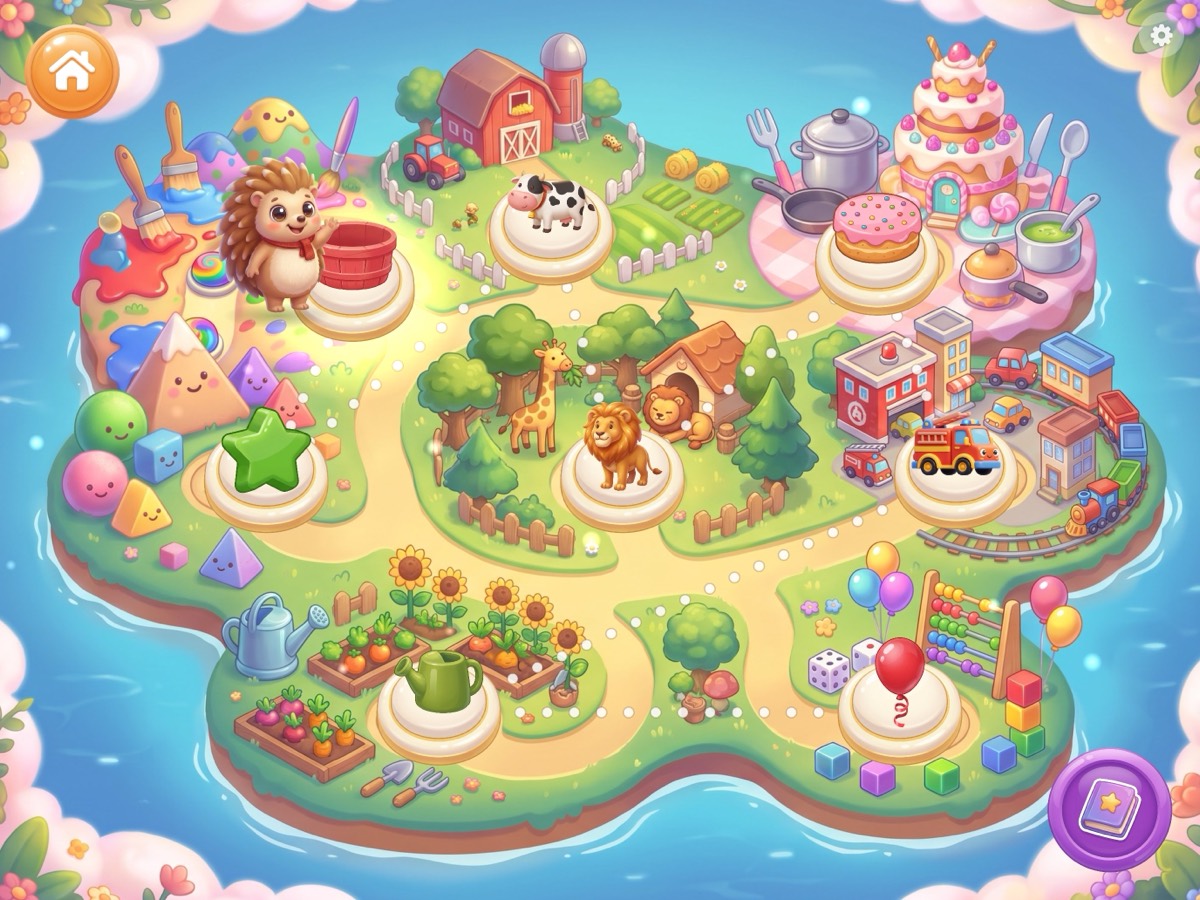 Plapperland map: an island with play worlds for colours, farm, vehicles, garden, numbers, shapes, zoo and kitchen