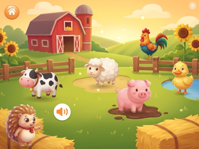 Plapperland farm world: Ilo the hedgehog with a cow, sheep, pig, duck and rooster